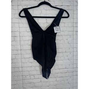 Phie Collective Classic One Piece Swimsuit‎ Black Tie Front Deep V-Neck XS NEW